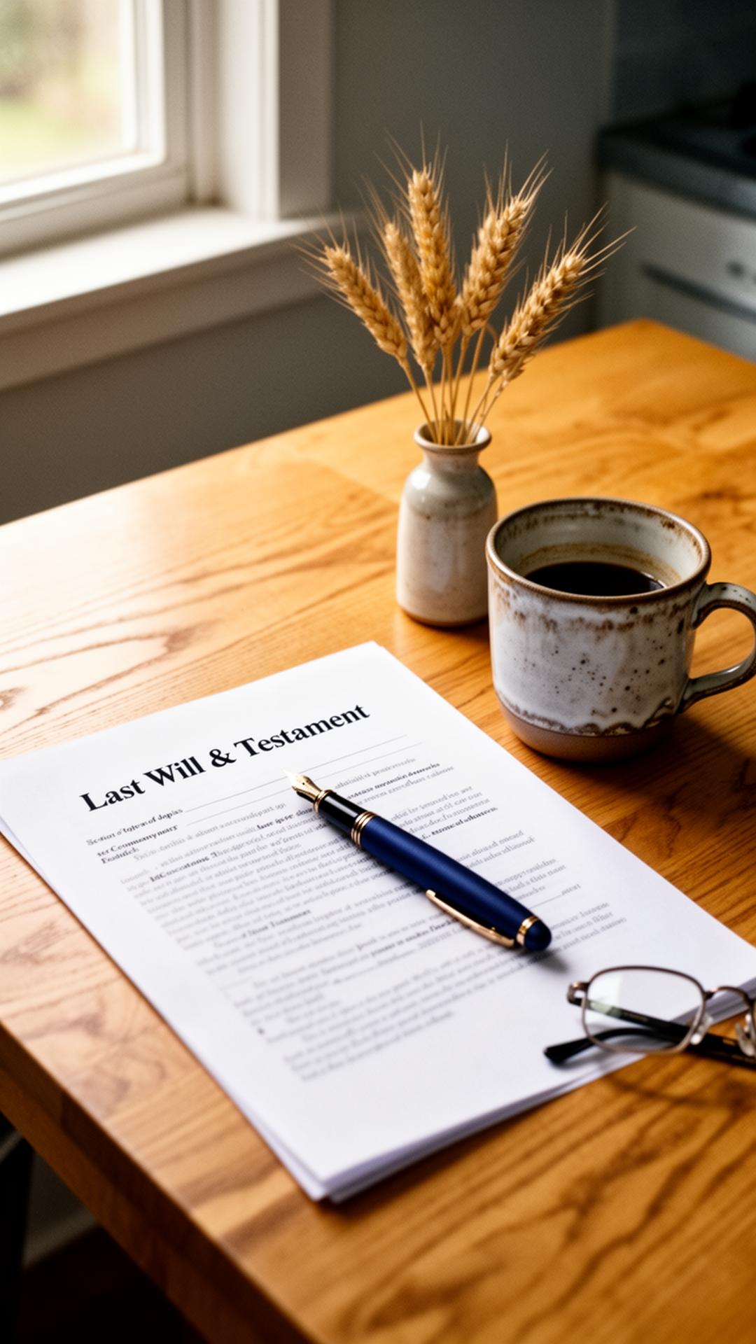 A Last Will & Testament document on a kitchen table beside a fountain pen, ceramic mug, and reading glasses.